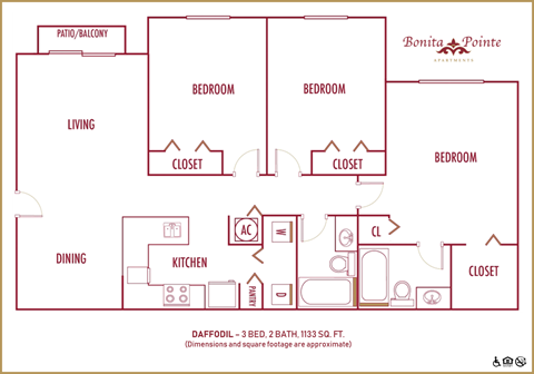 Floor plan for 3 beds, 2 baths, 1033 sqft